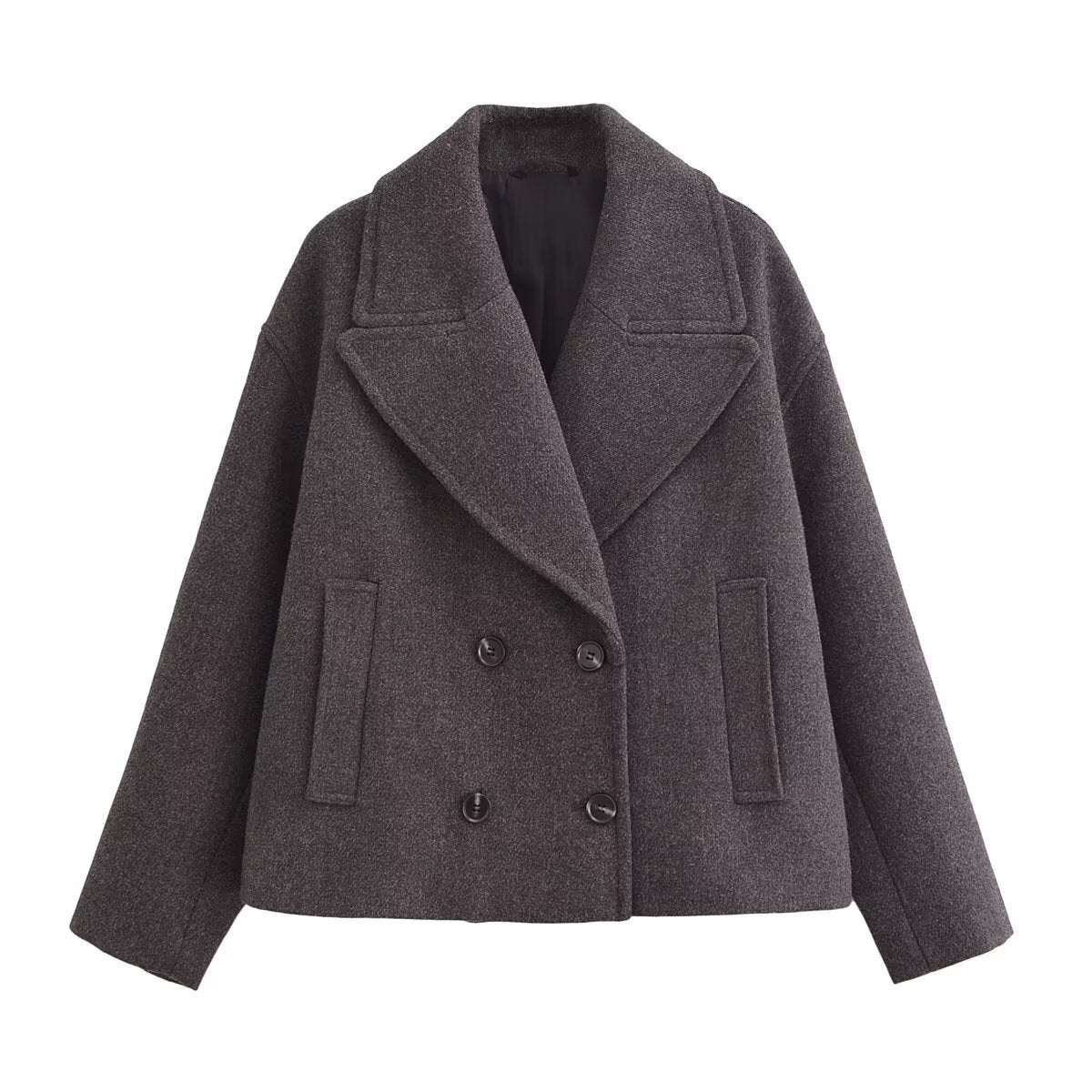 Women's Short Cut Double-Breasted Wool Blend Coat with Oversized Lapel Fashion Glam