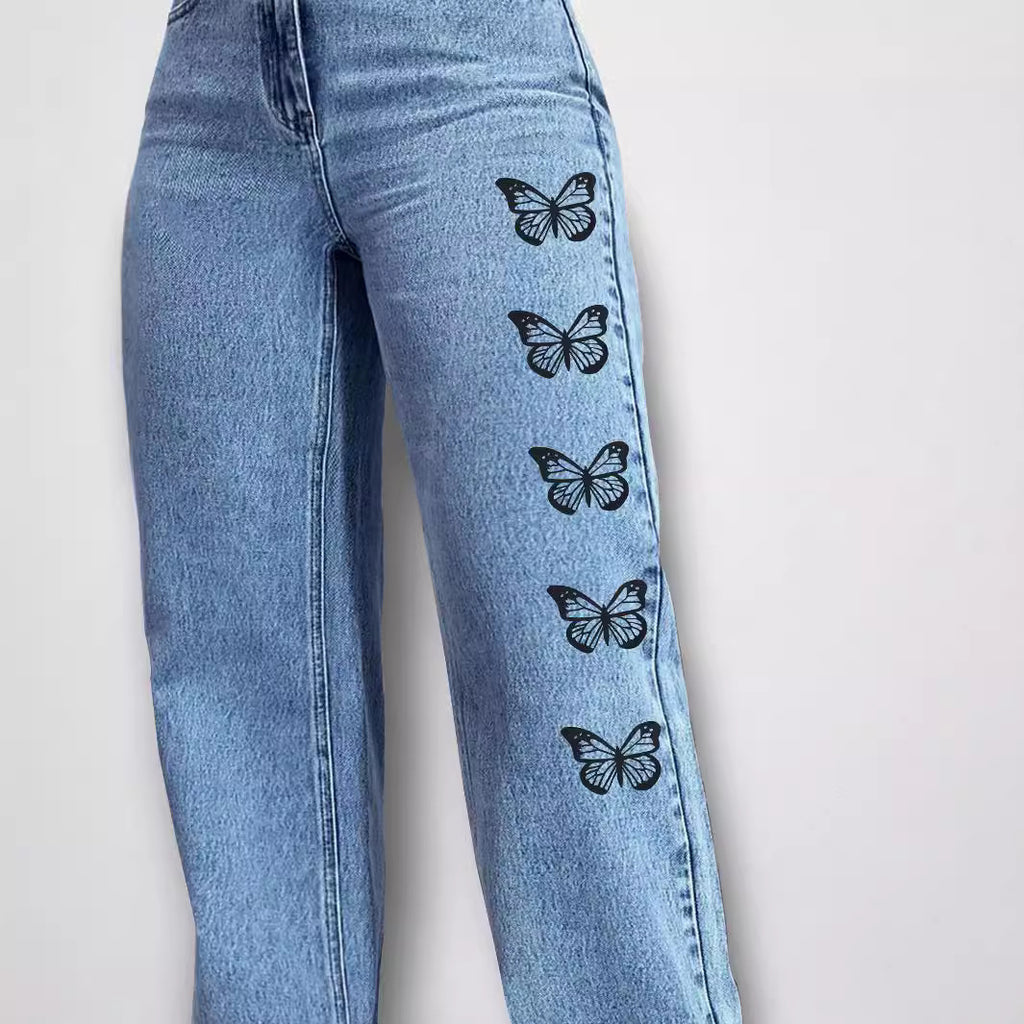 Ladies High-Waist Loose-Fit Denim Pants with Side Butterfly Print Fashion Glam