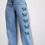 Ladies High-Waist Loose-Fit Denim Pants with Side Butterfly Print Fashion Glam