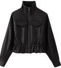 Women cropped faux leather jacket with stand collar, zipper and tailored smocking Fashion Glam