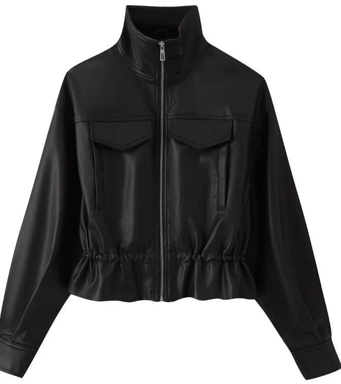 Women cropped faux leather jacket with stand collar, zipper and tailored smocking Fashion Glam