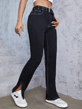 Women High-Waist Straight Jeans with Side Ankle Slit and Contrast Stitch Fashion Glam
