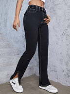 Women High-Waist Straight Jeans with Side Ankle Slit and Contrast Stitch Fashion Glam