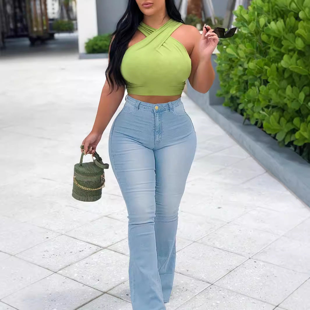 Women’s High-Waist Flared Trousers made of Stretch Denim with a Figure-Hugging Hip Fit Fashion Glam