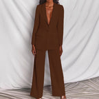 Ladies Elegant Two-Piece Suit with Tailored Long Blazer and Wide Pleated Pant Leg Fashion Glam