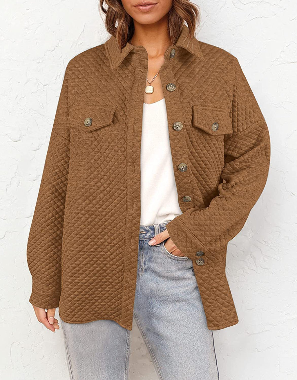 Women's quilted shirt jacket with boxy oversized fit and patch chest pockets Fashion Glam