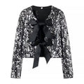 Ladies Short Cut Sequin Jacket with Double Tied Satin Bows Fashion Glam