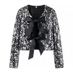 Ladies Short Cut Sequin Jacket with Double Tied Satin Bows Fashion Glam