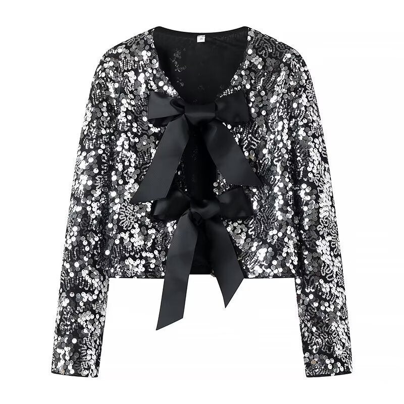 Ladies Short Cut Sequin Jacket with Double Tied Satin Bows Fashion Glam