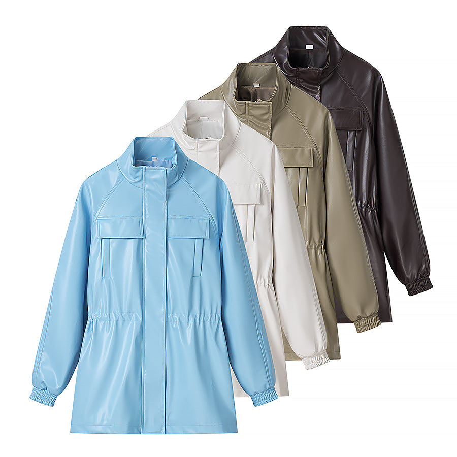Women's Faux Leather Parka with Drawstring Waist and Chest Pockets Fashion Glam