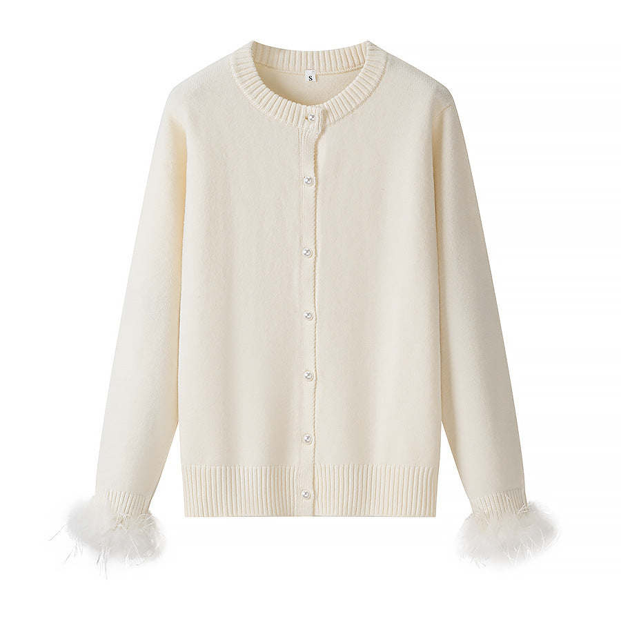 Women's Knit Cardigan with Pearl Buttons and Luxurious Faux Fur Cuffs Fashion Glam