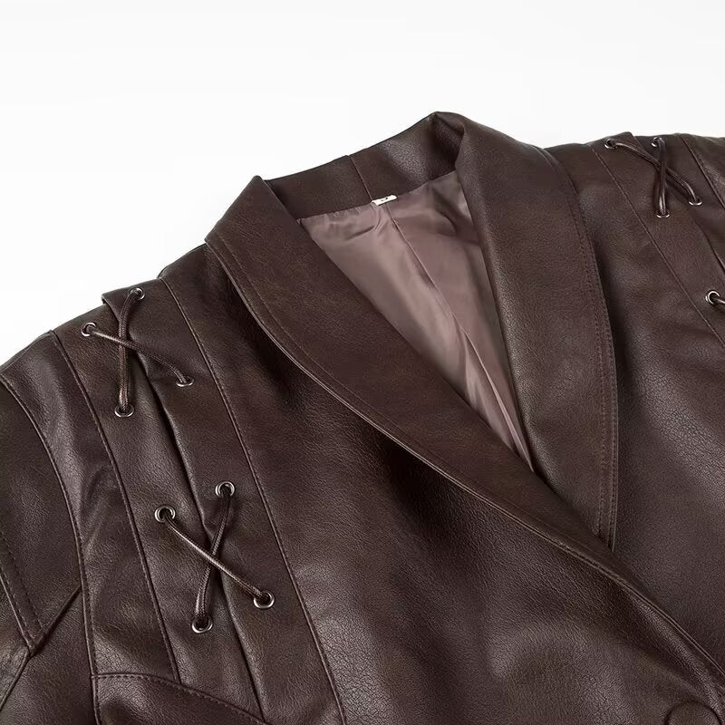 Ladies leather jacket with wrap belt, asymmetrical hem and decorative eyelets Fashion Glam