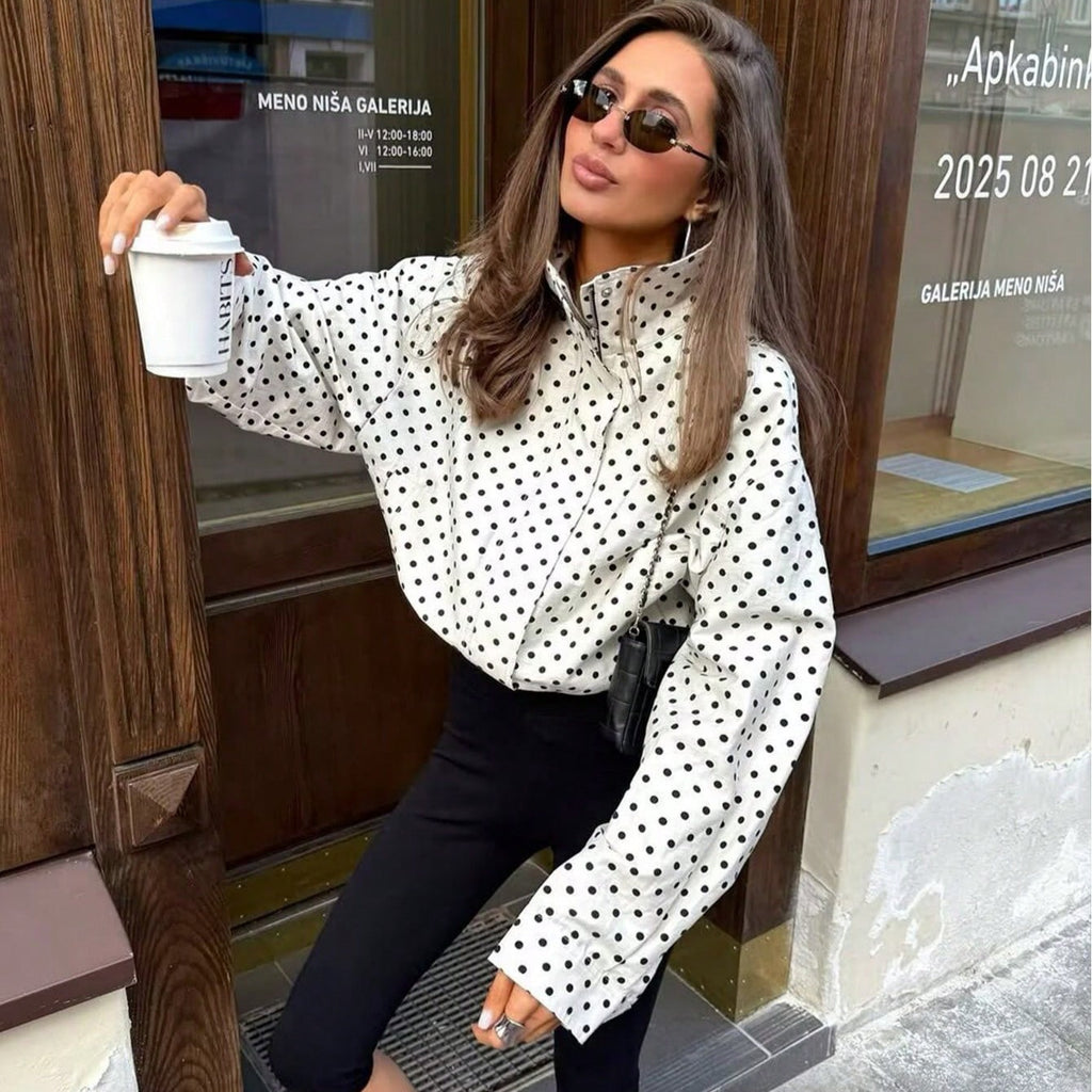 Women Polka Dot Blouse with Stand-up Collar and Balloon Sleeves Fashion Glam