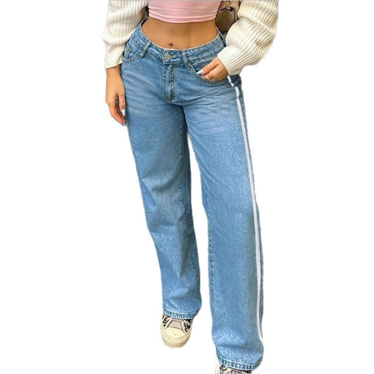 Women's wide High-Waist denim jeans with side contrast stripe Fashion Glam
