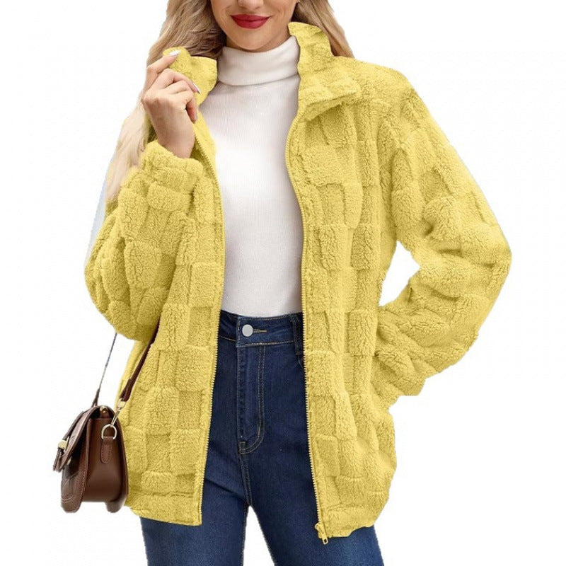 Women's teddy jacket with check structure, stand-up collar and zipper Fashion Glam