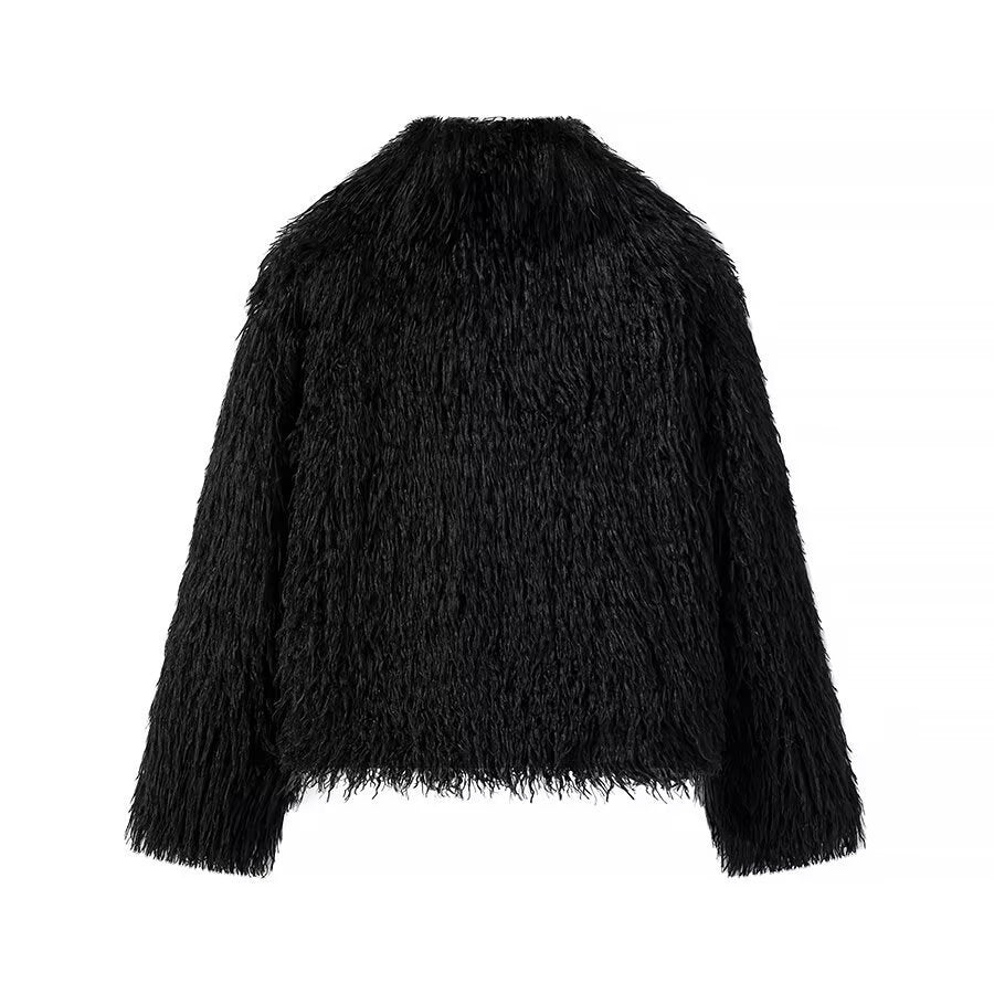 Women Short Fluffy Faux Fur Jacket with Long Fiber Texture Fashion Glam