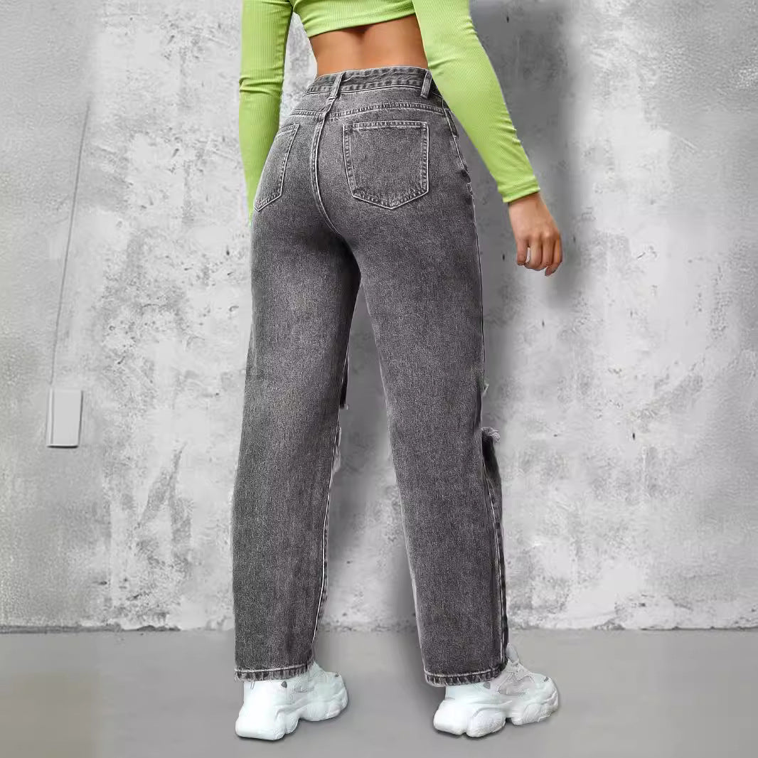 Ladies High-Waist Ripped Straight-Leg Jeans with Knee Cutouts and Used Wash Fashion Glam