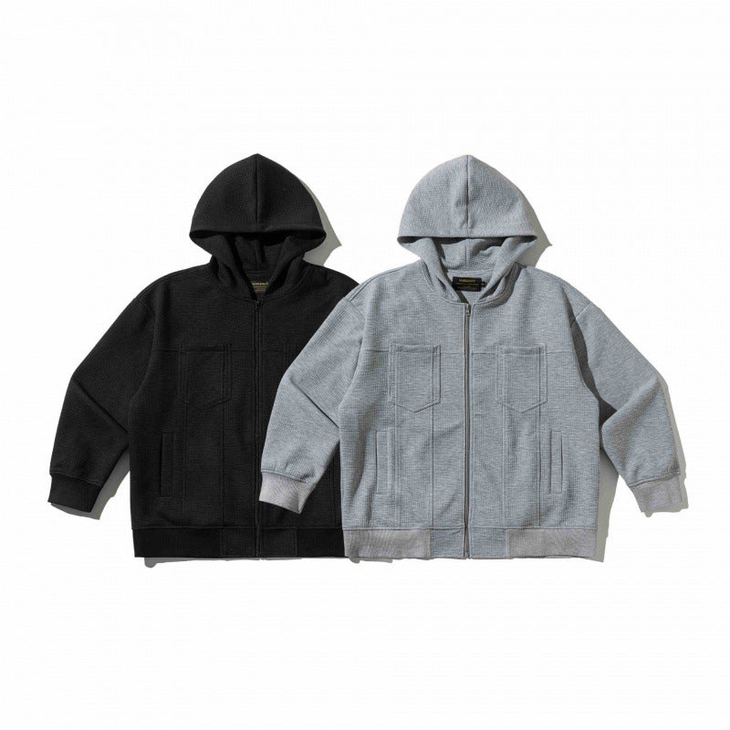 Unisex Oversize Hooded Zip Jacket made of Waffle Knit with Chest and Slash Pockets Fashion Glam