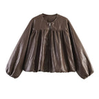 Women Shortened Blouson Jacket with Balloon Sleeves, Gathered Yoke and Zipper Fashion Glam