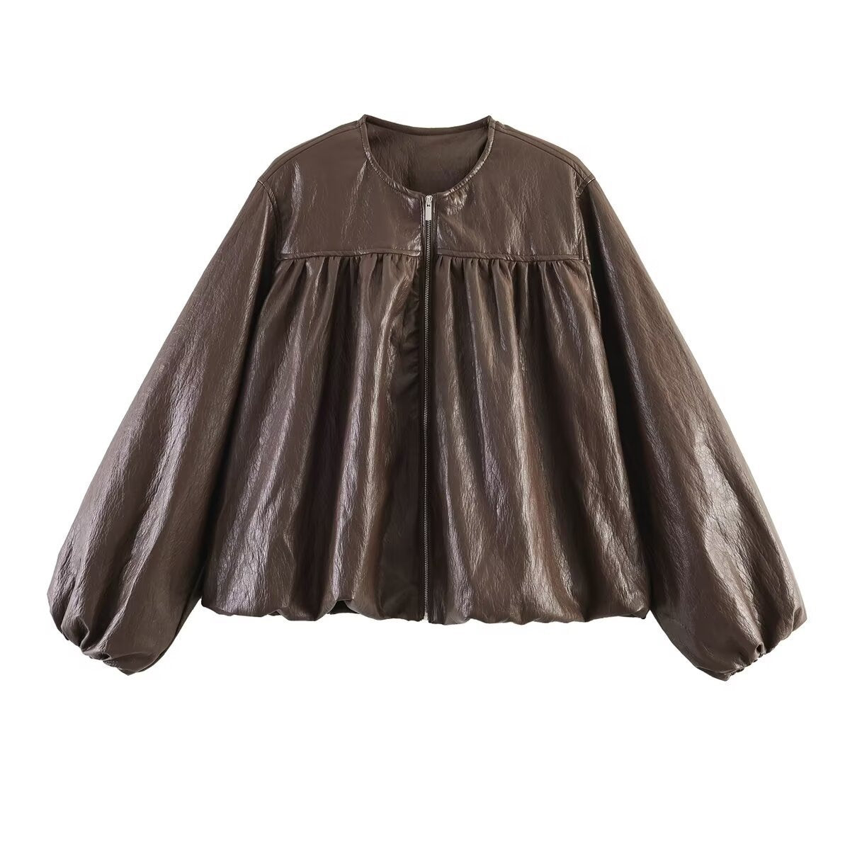 Women Shortened Blouson Jacket with Balloon Sleeves, Gathered Yoke and Zipper Fashion Glam