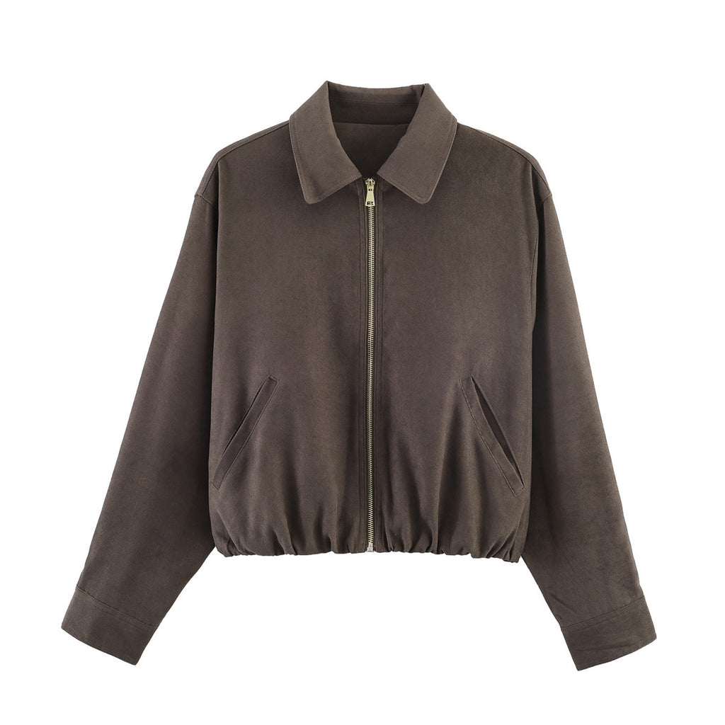 Ladies short cut velour look bomber jacket with lapel collar and elastic hem Fashion Glam