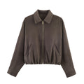 Ladies short cut velour look bomber jacket with lapel collar and elastic hem Fashion Glam