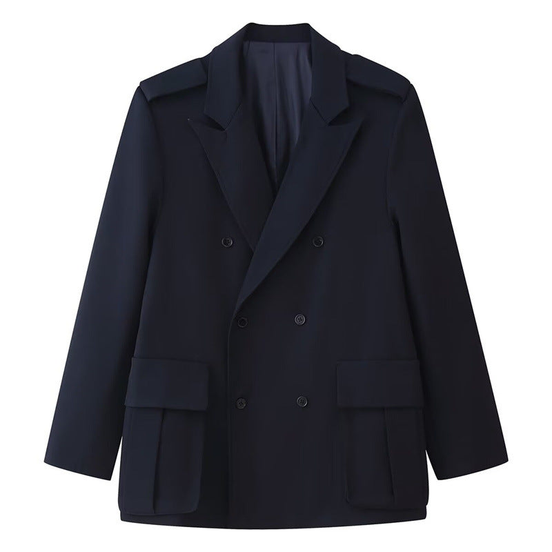 Women Double-breasted Field Blazer with large flap pockets and shoulder epaulets Fashion Glam