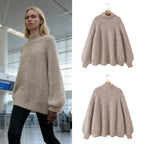 Women Oversize Mohair-Optic Knit Sweater with Stand-Up Collar and Balloon Sleeves Fashion Glam