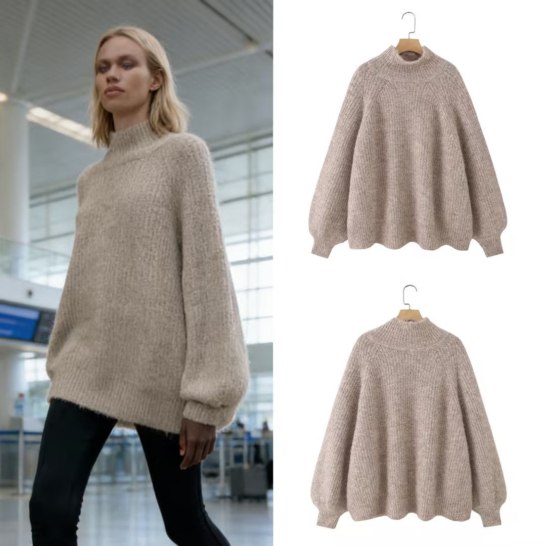 Women Oversize Mohair-Optic Knit Sweater with Stand-Up Collar and Balloon Sleeves Fashion Glam
