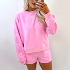 Women's cozy lounge sweat set with shorts and embroidered bows Fashion Glam