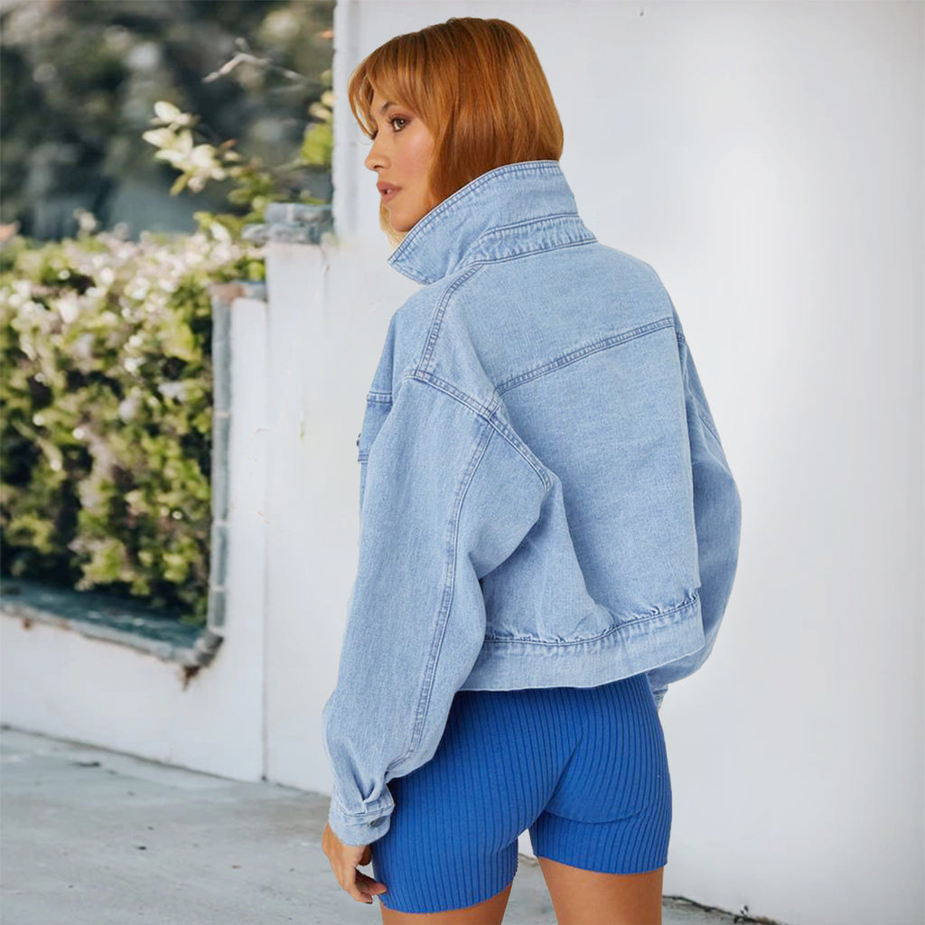 Women's Cropped Oversize Denim Jacket with Snap Button Front and Patch Chest Pockets Fashion Glam