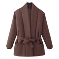 Women's Short Quilted Padded Jacket with Shawl Collar and Waist Belt Fashion Glam