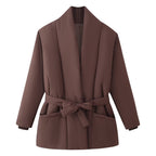 Women's Short Quilted Padded Jacket with Shawl Collar and Waist Belt Fashion Glam