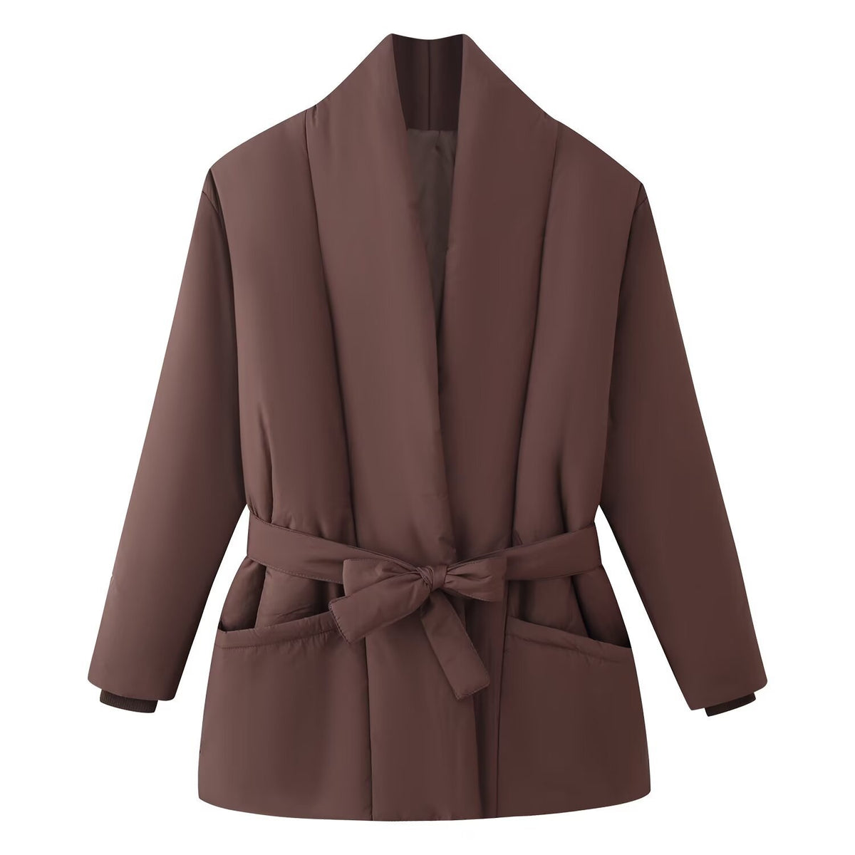 Women's Short Quilted Padded Jacket with Shawl Collar and Waist Belt Fashion Glam