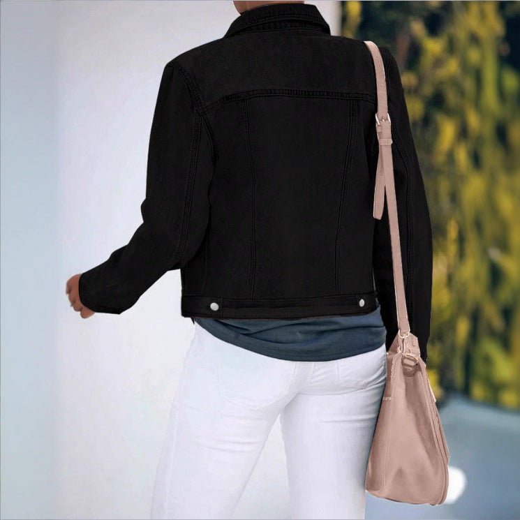 Ladies Short Cropped Tailored Denim Jacket in Trucker Style with Silver Buttons Fashion Glam