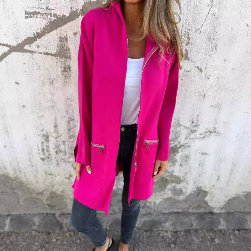 Women’s Hooded Long Cardigan with Full Zip and Decorative Pockets Fashion Glam
