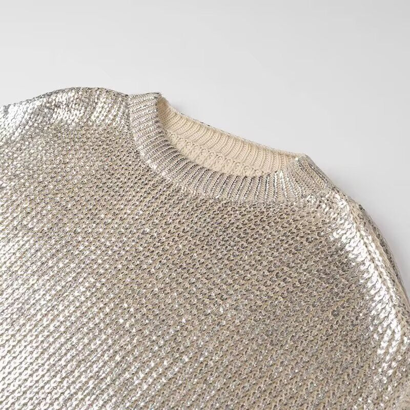 Ladies Glittering Chunky Knit Sweater with Cut-Out Shoulders Fashion Glam