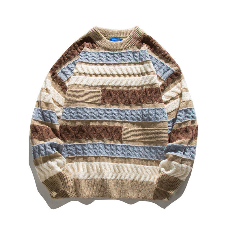 Unisex Oversize Knit Sweater with Patchwork Cable Pattern and Round Neck Fashion Glam