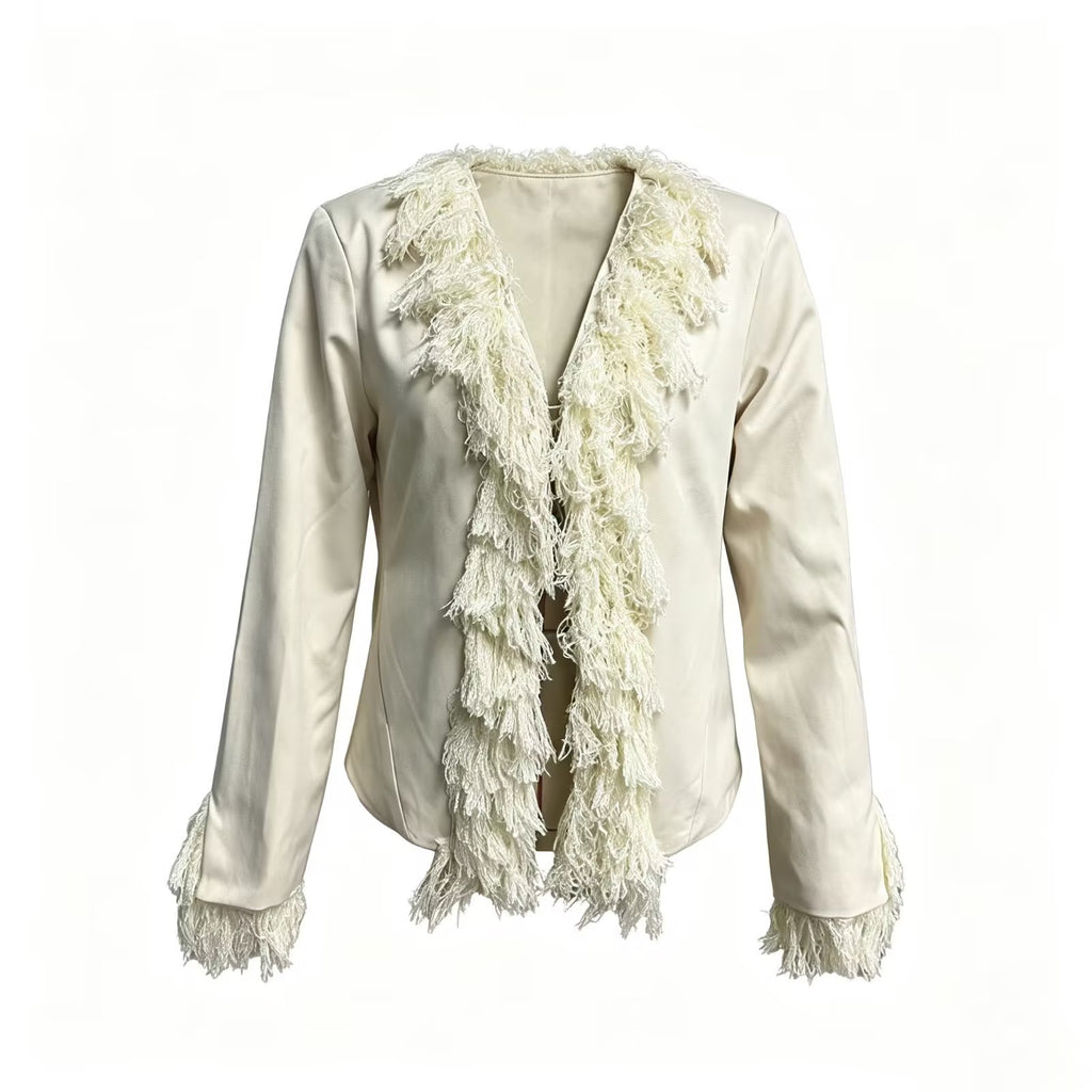 Women's short blazer with fringed shawl collar and decorative sleeve cuffs Fashion Glam