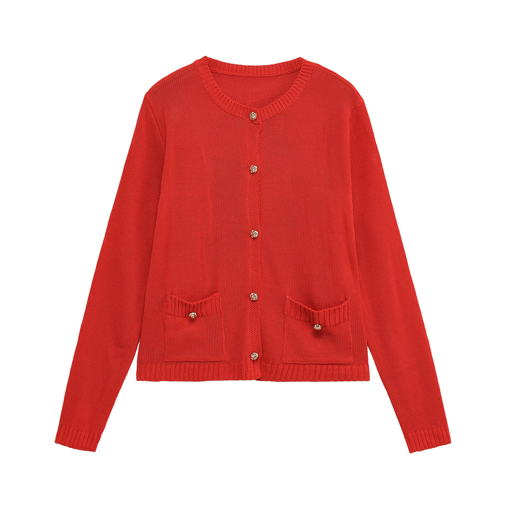 Women Fine Knit Cardigan with Decorative Buttons, Round Neckline and Patch Pockets Fashion Glam