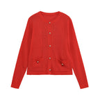 Women Fine Knit Cardigan with Decorative Buttons, Round Neckline and Patch Pockets Fashion Glam