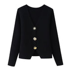 Ladies Elegant Short Cardigan made of Boucle knit with deep V-neck and decorative jeweled button placket Fashion Glam
