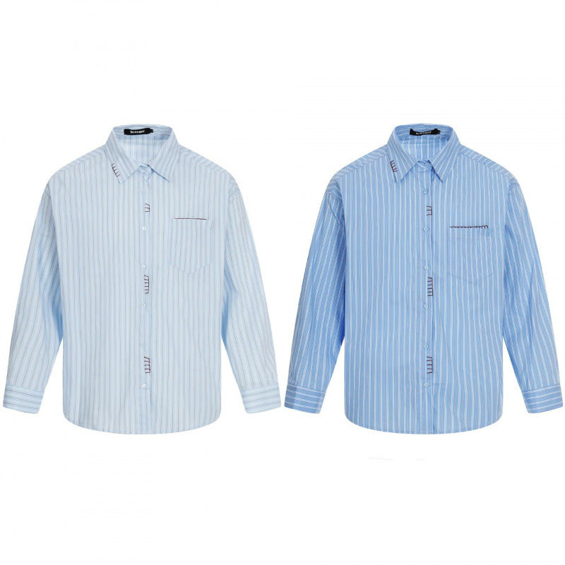 Men's Loose Oversized Shirt with Pinstripes, Chest Pocket and Contrast Stitches Fashion Glam