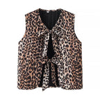 Women Sleeveless Leopard Print Blouse with Double Bow and Keyhole Front Fashion Glam