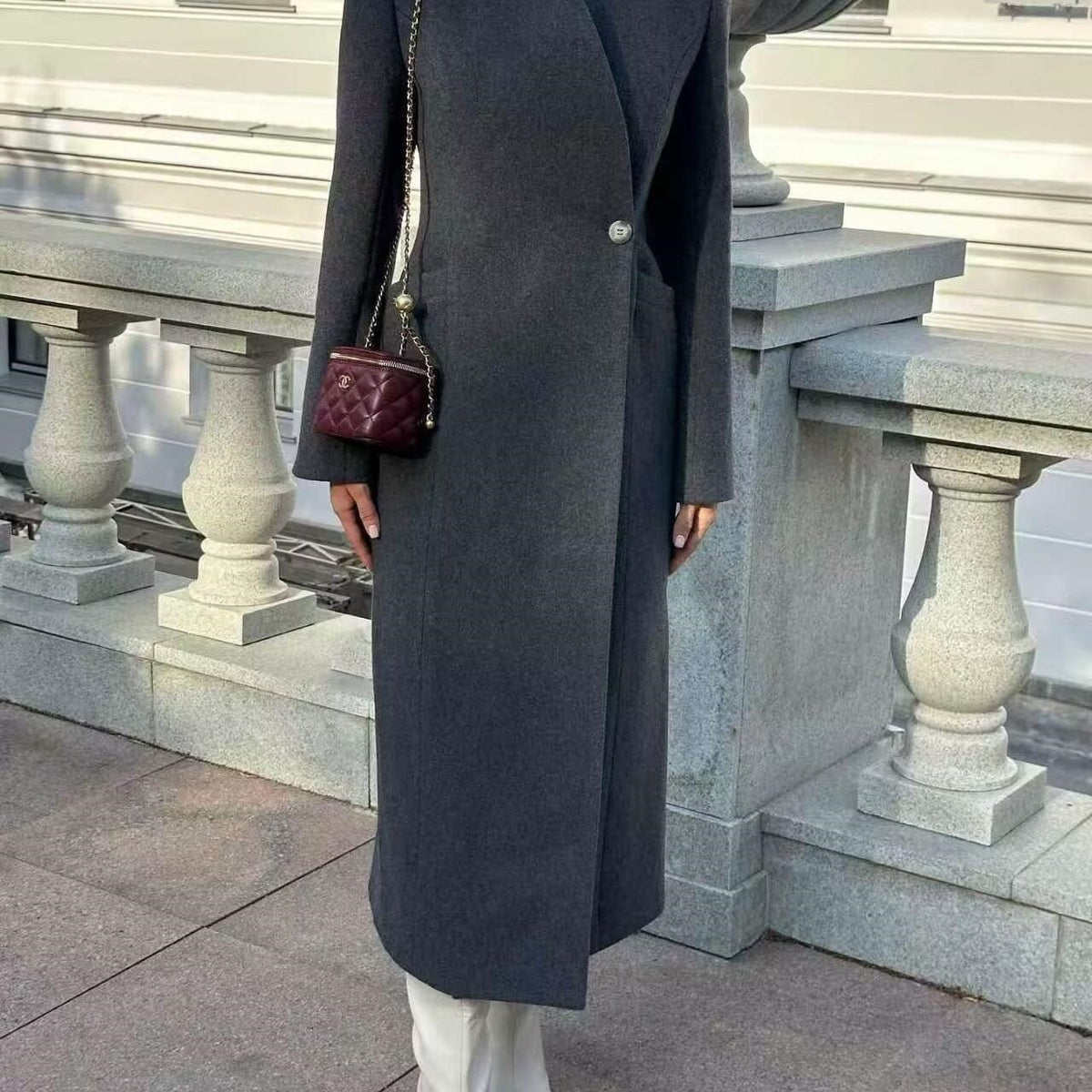 Ladies Elegant Wool Blend Long Coat with Shawl Collarless Look and Single Button Closure Fashion Glam