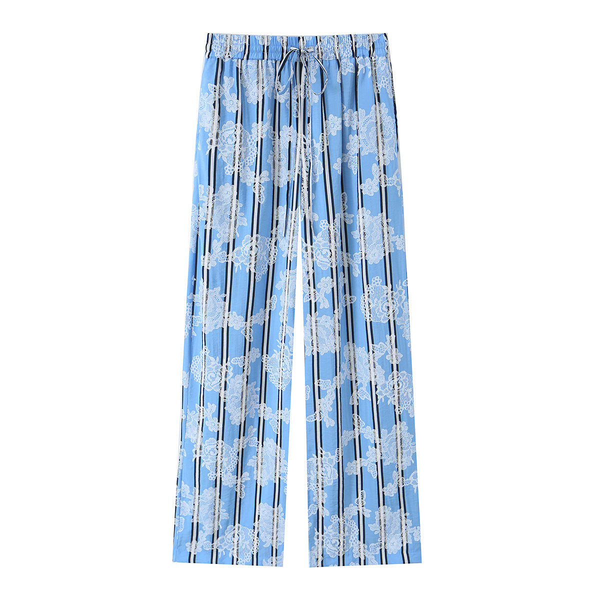 Women's wide palazzo pants with elastic drawstring waistband and floral lace look Fashion Glam
