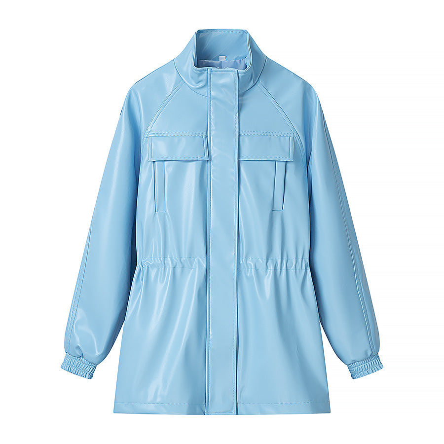Women's Faux Leather Parka with Drawstring Waist and Chest Pockets Fashion Glam