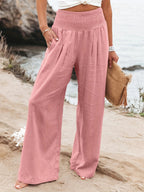 Women's Wide Linen Pants with Smocked Band and Side Pockets Fashion Glam