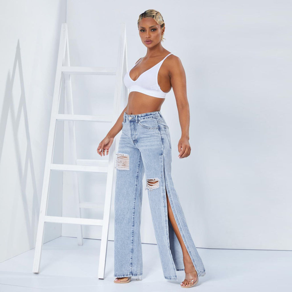 Women Wide High-Waist Denim Jeans with High Side Slits and Destroyed Details Fashion Glam