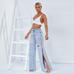 Women Wide High-Waist Denim Jeans with High Side Slits and Destroyed Details Fashion Glam